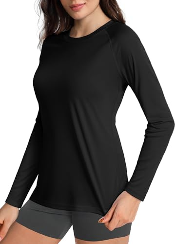 Boladeci UV Shirts for Women Rash Guard Black Long Sleeve Swim Shirts SPF UPF 50+ Sun Protection Athletic Workout Top L