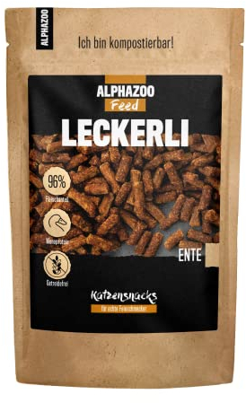 alphazoo Katzen Leckerlies ohne Getreide, Zucker & Zusätze I Enten Trockenfleisch als leckere Katzensnacks I Schonend getrocknet, hoher Fleischanteil
