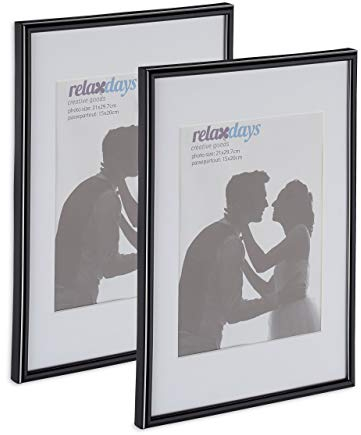 Relaxdays Bilderrahmen 2er Set, Din A4, Passepartout 15x20 cm, Glasscheibe, Fotorahmen zum Stellen & Hinhängen, schwarz