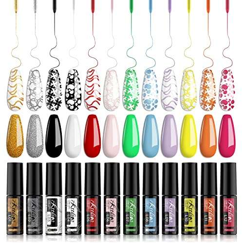 Kredioo Nail Art Gel Liner 12 PCS, Black White Pink Glitter Gold Neon Set, Salon DIY French Manicure Kit, Built Thin Brush Pens for Painted Swirl Nails
