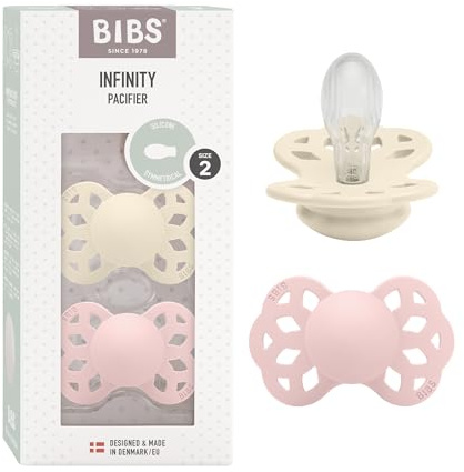 BIBS Infinity Dummy, 6-18 Months, 2-Pack, Symmetrical Teat, Ivory/Blossom