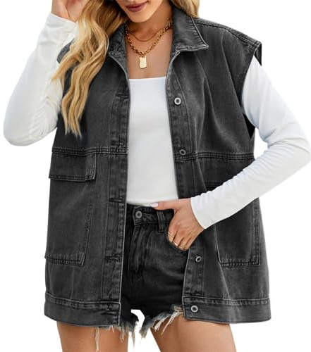 MorFansi Femme Gilet Jean Sans Manches Boutons Décontracté Veste Ample Manteau avec Poches (A Gris Foncé,S)
