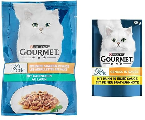 PURINA GOURMET Perle Erlesene Streifen Katzenfutter nass, mit Kaninchen, 26er Pack (26 x 85g) & Perle Genuss in Sauce Katzenfutter nass, mit Huhn, 26er Pack (26 x 85g)