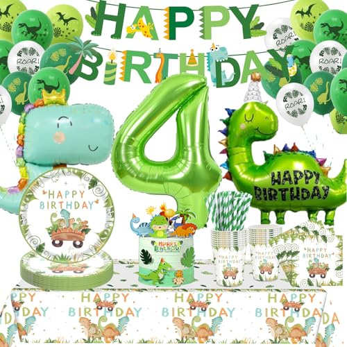 Dino Geburtstag Deko 4 Jahre,Dinosaurier Partygeschirr Geburtstagsdeko, Geburtstagsdeko 4 Jahre Junge, Dino Ballons Servietten etcGeburtstags dekoration Supplies für Party Deko 16 Gäste