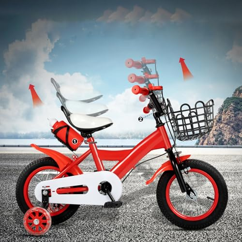 RUETERY Kinderfahrrad 12 Zoll, Unisex, Rot, mit Stützrädern, Aufbewahrungskorb, Getränkehalter und Kettenabdeckung, für Kinder ab 3 Jahre
