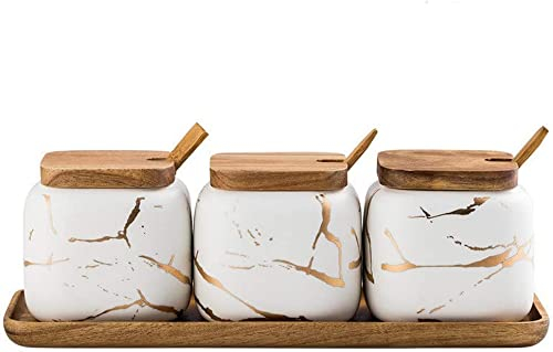 BZVCRTYKL Ensemble salière et sucrier, volume env. 340 ml, ensemble de 3 sucriers en marbre avec couvercles et cuillères de service, en bois Tra-Green/702(White)
