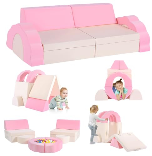 nmoiww Kindersofa, 10-teiliges Schaumstoff-Baustein-Kinderspielsofa, Multi-Style Modulares Kindersofa, Faltbar, 2 Sitzer, für Schlafbereich und Kinderspielzimmer (Beige Pink)