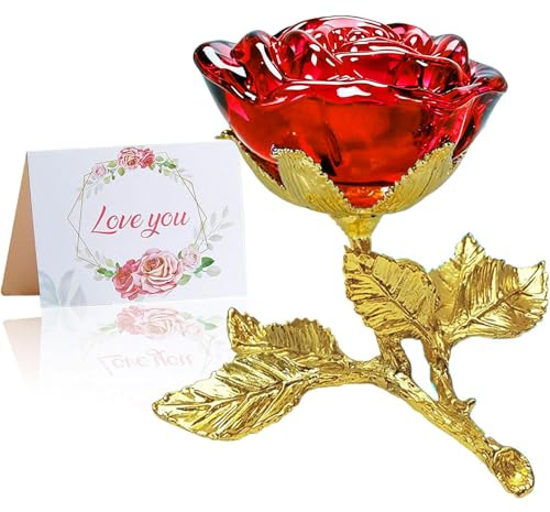 SWEETIME Kristall Rose Rot,K9 Glas Künstliche Blume, Ewige Rose 3D Handgefertigt Langstielige Muttertag Valentinstag Weihnachten Thanksgiving Jahrestag Frauen Geburtstag Geschenk