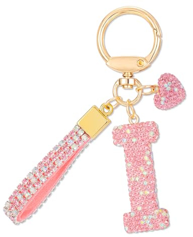 MWOOT Rose Voiture Porte clés Cadeau pour Femmes Filles Initial Lettre Porte-clés Mignon Bling Lettre Pendentif pour Sac à main Charms, Lettre I