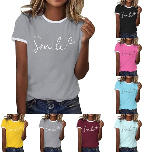 Tee Shirt Femme Manche Courte Col Rond Coton été T-Shirts Haut Femme Ete Fluide Ample Chic Grande Taille Imprimé Confortable Sport Casual Plage Tunique Chemisier (A-Gris, S)