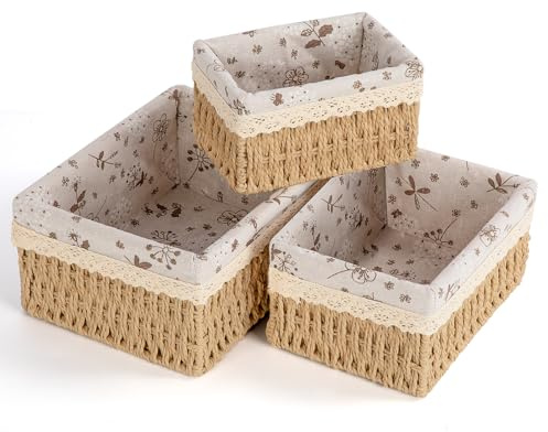 Otauoaea Cestas Almacenaje Juego de 4,Cestas Mimbre Cestas Organizadoras Cesta de baño Cambiador Trenzado Tejido Reciclable Niños Decorativo para Baño, Cocina o Decoración del Hogar(Yute)