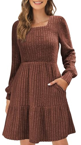 ZENUTA Women's Square Neck Sweater Dress Long Sleeve Knit Casual Fall Maxi Dresses with Pockets for Women Winter 2026 Caramel
