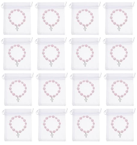 CLISPEED Set Bomboniere Battesimo Cattolico 40 Pezzi con Braccialetti Rosario Croce Argento e Sacchetti Organza Trasparenti 10x12 Cm, Confezione Regalo Religiosa per Comunione, Cresima