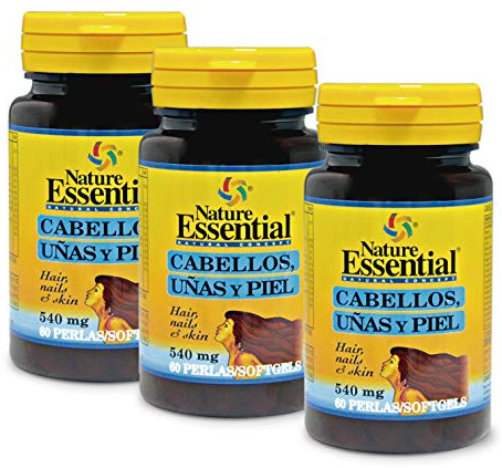 Nature Essential - Cabello, Uñas y Piel 540 mg - 60 Perlas - Hierro, Vitamina y Biotina - Con Aceite de Borraja, Omega 3 y L-Cistina - Pack 3 Unidades