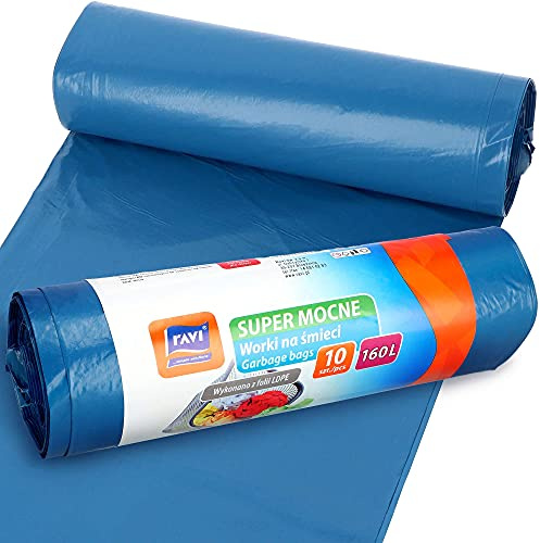 RAVI Müllbeutel, 160L, 10 Stück, blau, Säcke aus LDPE-Folie, Schwerlast Beutel, reißfeste Abfallsäcke, Müllsäcke für Küche, Garage