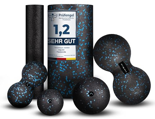 Fas Fit Rullo per fascia, set da 4, 6 o 8 pezzi, rullo per massaggi e palloni da fascia, rullo per un efficace allenamento fasciale, con poster, libretto degli esercizi, e-book e sacca da palestra