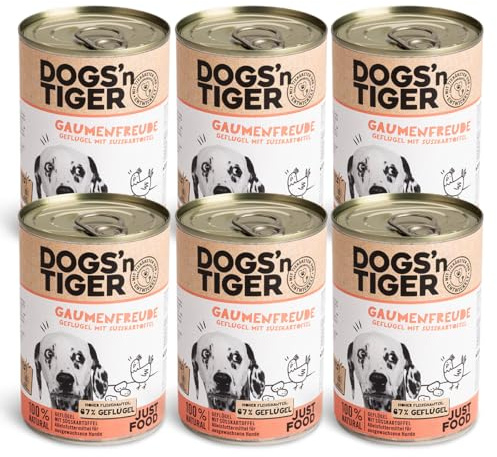 Dogs'n Tiger Gaumenfreude Nassfutter Hund, Geflügel, 6X 400g | Hundefutter nass, Alleinfutter, hoher Fleischanteil, getreidefrei, ohne Zuckerzusatz, ohne Konservierungsstoffe