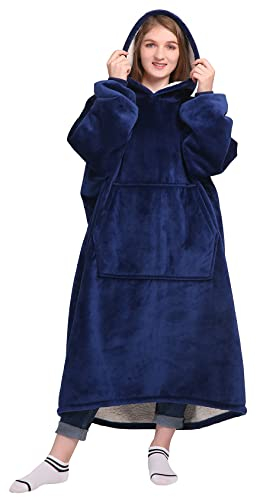 Waitu Oversize-Cocobluza, Geschenke für Damen und Herren, weiche Sherpa Decke mit Kapuze mit Ärmeln und Tasche, warmer Bademantel, dunkelblau