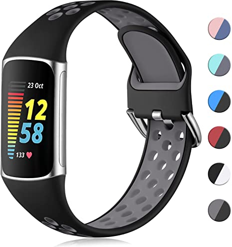 CeMiKa Sport Silicone Strap Compatible with Fitbit Charge 5/6, Waterproof Soft Adjustable Breathable Sport Bands, Small/Large