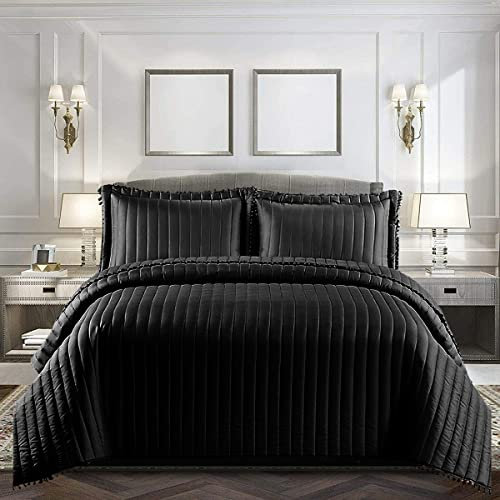 B&B Luxury Bedspreads King Size Bed Quilt Throws for Beds Reversible Polyester Filling Embossed Bedspreads & Coverlets - Christmas Bedding Kingsize 240 x 250 cm Black Pillow Cases