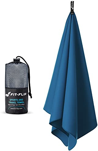 Fit-Flip Swimming towel – quick dry microfibre beach towel - ultra absorbent thin microfiber towels for travel, beach & gym - lightweight swim essentials (80x40cm, Azure Blue)