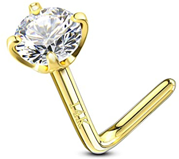 CM Crareesi Mania 14Karat 585 Echtgold Nasenpiercing Spirale Runde Nasenring Stud Piercing Nasen Screw L/S-Form 20 Gauge(0,8mm) Nostril Piercing Schmuck mit Zirkonia Kristall Diamant für Damen