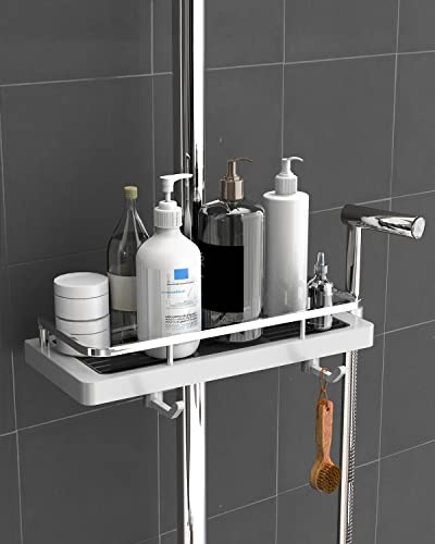 GOOPOOL Mensola Doccia Senza Foratura Portasapone Doccia, Supporto per Accessori da Bagno con 2 Ganci e Supporto per Doccia, Adatto per Aste da Doccia 20mm-25mm Bianco