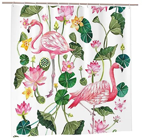 AROONS Duschvorhang-Set mit Flamingo-Vogel, rund, bedruckt, mit 12 Haken, blickdicht, schnelltrocknend, wasserdicht, für Badezimmer, 183 x 183 cm