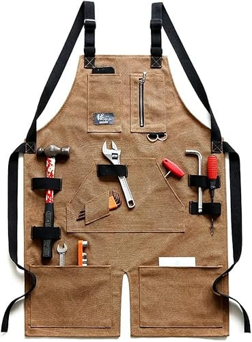 Arbeitsschürze, Werkzeugschürze für Schreiner, Holzbearbeitungsschürze for Männer und Frauen, strapazierfähige Arbeitsschürze aus Segeltuch mit Taschen, Kreuzriemen, verstellbare Werkzeugschürze ( Col