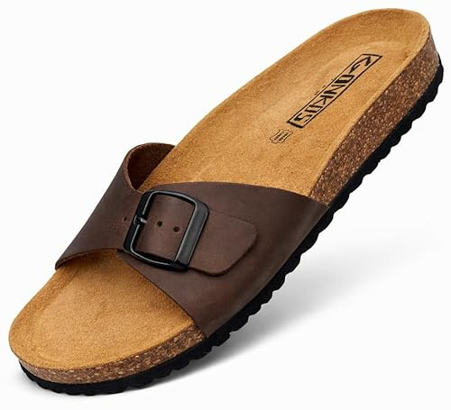 GONKOS Sandalias de Piel con Plantilla de Corcho, Piel Autentica, Corcho Natural, Hebilla ajustables, Sandalias de Pala para Mujer, Suela antideslizante EVA, Calidad Hechas en España