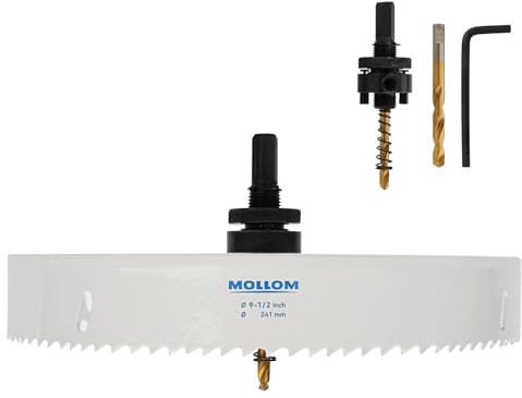 Mollom 241mm (9-1/2) HSS M42 8% Cobalt BI-Metal Hole Saw with Arbor | 2 Pilot Drill Bits, Smooth Cutting PVC, Drywall, Wood, Plastic, Metal, Rubber