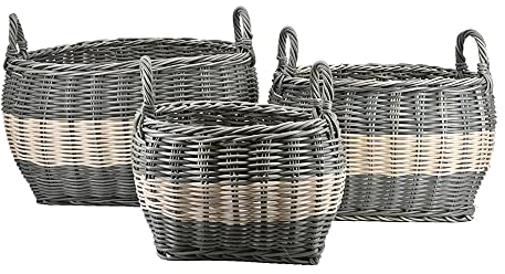 dasmöbelwerk Pflanzkörbe Blumenkörbe Pflanzgefäß Gartenkorb Polyrattan 3er Set grau-gestreift