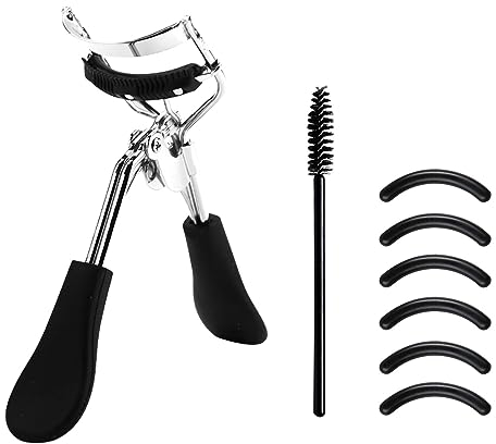 MOVKZACV Pinza professionale per ciglia a lunga durata, con 6 cuscinetti di ricambio in silicone e spazzola per ciglia a spirale, effetto 3D, piegaciglia con design indolore (nero argento)