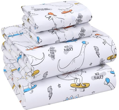 RUVANTI 100% Cotton Sheets – Soft Peached Percale, Lightweight & Breathable Cooling Comfort for Summer, 14″ Deep Pocket Queen Sheet Set, 4-Piece, Dino