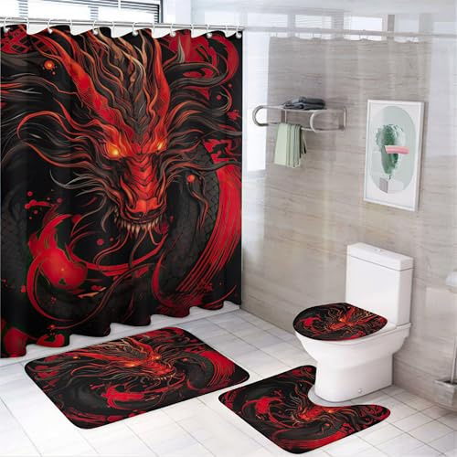 4Pcs Classic Dragon Shower Curtain Sets, Mythological Animals Fire Red Creature Bathroom Set with Shower Curtain, Toilet Lid Rug, Non-Slip Rugs and Bath Mat Decor
