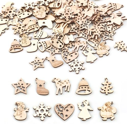 Feliciay 100 decorazioni natalizie, stelle in legno, fette di legno, decorazioni natalizie, fai da te, decorazioni natalizie, trucioli di legno, decorazioni per albero di Natale