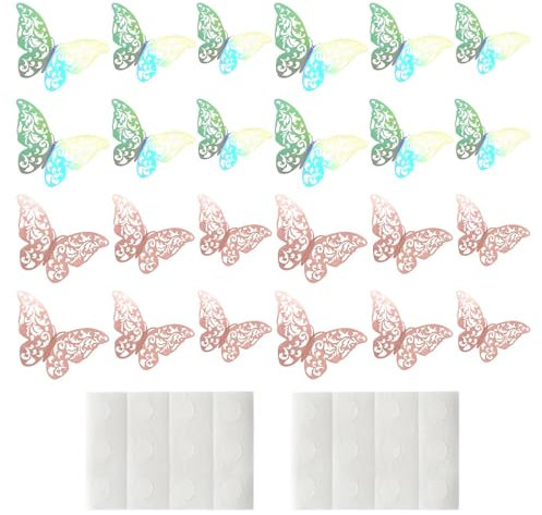 24Pcs 3D Butterfly Wall Stickers 3 Sizes,Rose Gold 3D Butterfly Wall Decals,Wall Stickers Art Decor Crafts,Butterfly Wall Decals for Bedroom Party Wedding(Color:Rose Gold+Silver with Rainbow Effect)