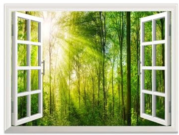 LXURY Fensterblick Leinwand Bilder-Offenem Fenster Landschaft Bild Druck auf Leinwand-Wandbilder Wandkunst für Wohnzimmer-Forest Tree Sunshine 30x40cm12x16inch Ungerahmt