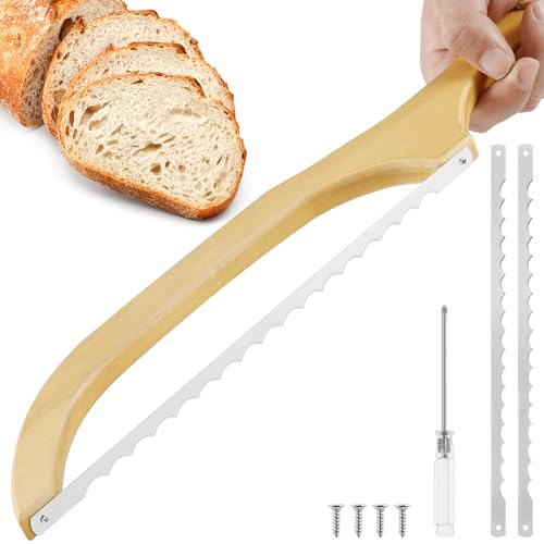 Bread Slicer Bread Cutter Stainless Steel Serrated Bagel Slicer 40cm Bread Bow Saw for Slicing Practical Sourdough Bread Slicer with Wooden Handle for Homemade Bread Bagels Baguettes(B)