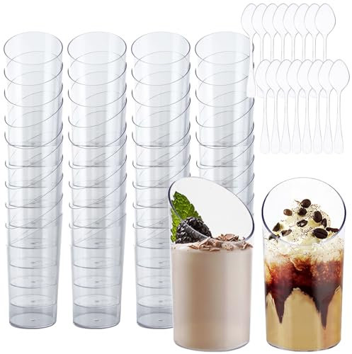 AHAQU 100PCS Plastic Dessert Cups Round, 70ml/2.4oz Washable Mini Cheesecake Pots, Reusable Clear Parfait Appetizer Cup for Dessert, Pudding, Mousse, Ice Cream, Party