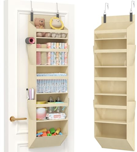 Lifewit Rangement Suspendu avec 4 Poches Latérales et 2 Crochets, Organisateur Porte, Capacité 18 kg (40 lbs), Étagères Murales pour Chambre, Salle de Bain, 5 Étagères, 5 Compartiments, Beige