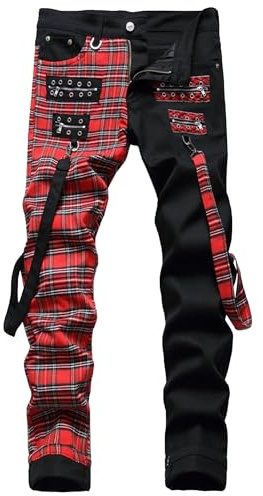 Men's Stretch Fashion Streetwear Jeans Slim Fit Skinny Biker Denim Pants Straight Leg Flex Waist Jeans, Red Plaid, 32