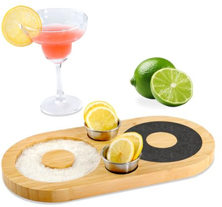 HALE OTEIR Margarita Salt Rimmer Set, Bamboo Cocktail Set with 2 Stainless Steel Bowls, Light Brown, Model MGL01, Perfect for 4.7 Inch Margarita Glasses