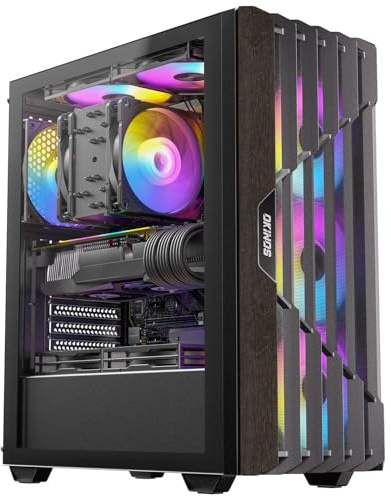 Okinos Oak Wood ATX PC Case, 4 x 120mm ARGB Non-PWM Case Fans Pre-Installed, Type-C Port, Tempered Glass Side Panel, Black Mid-Tower Computer Case, Cypress 5 ARGB