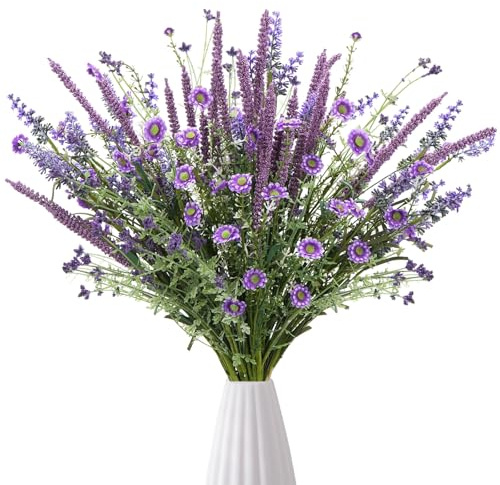 Zythrem 4Pcs Artificia Lavender Flowers Mix Fake Lavender Daisies Bouquets | Purple Silk Flowers Faux Flowers that Look Real Artificial Flowers for Wedding Party Table Home Graves Outdoor Indoor