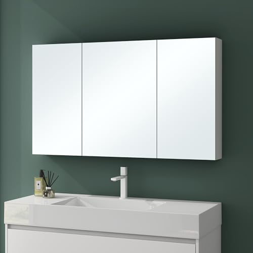 Mai & Mai Spiegelschrank mit 3 Spiegeltüren Badezimmerschrank 120x15x70 cm | Hängeschrank Bad Badezimmerspiegel in Weiß matt, Spiegelschrank-02