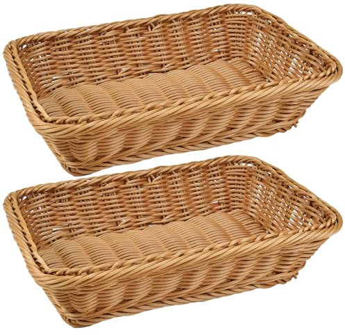 2 Pack 12 Inch Rectangular Poly Wicker Bread Baskets, Durable Woven Serving Basket for Fruits, Vegetables Bread Indoor/Outdoor Use in Kitchen, Home, Restaurant