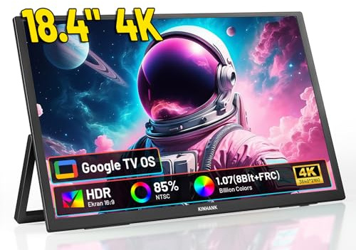 Bärbar 4K-skärm 18,4-tums bärbar skärm med GTV OS, UHD 3840 x 2160 | HDR | 85 % NTFC | IPS-bärbar bildskärm för bärbar dator/PC/Xbo/PS5/USB C/HDMI, VESA-monterbar, inbyggd högtalare, kickstand