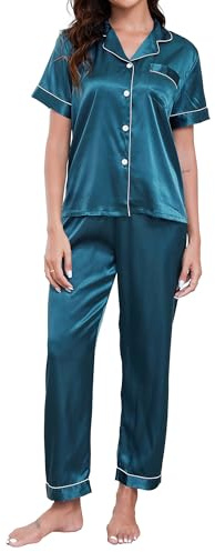 TeJoyce Ensemble de Pyjama Femme en Satin de Soie, Vêtements de Nuit d'été, Boutonnée à Manches Courtes et Pantalon, Tenue de Maison Deux Pièces Légère et Confortable pour Femme (Bleu Canard, S)