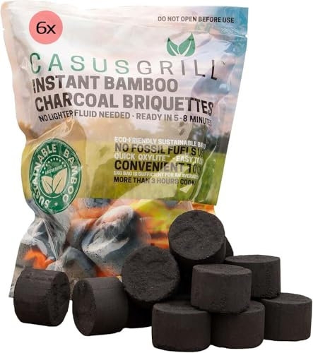 6X Bambus Grillkohle-Briketts je 1 kg - Nachhaltige Holzkohle mit Quick Oxylite, ohne Anzünder nutzbar, grillbereit in 5-8 Min., geruchsneutral, 3 Std. Brenndauer, umweltschonend